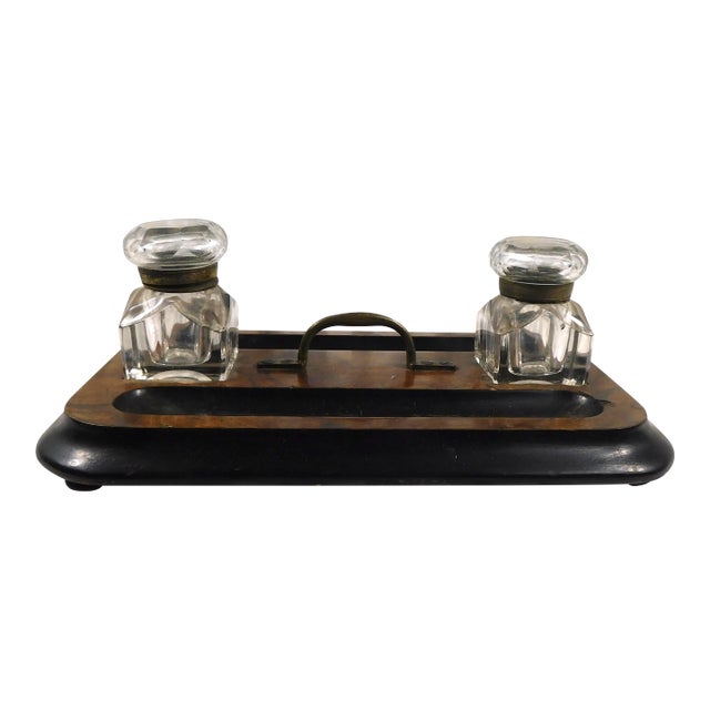 Wooden Desk Organizer With Two Crystal Inkwells For Sale