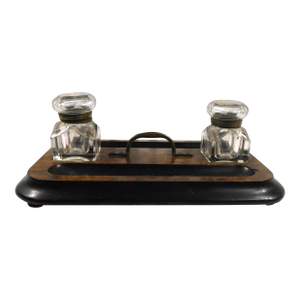 Wooden Desk Organizer With Two Crystal Inkwells
