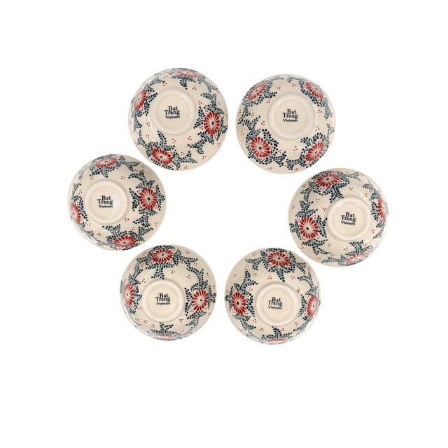Red Asian Modern Bat Trang Vietnam Multipurpose Ceramic Bowls Hand Painted in Red & Blue Floral Motif - Set of 6 For Sale - Image 8 of 8