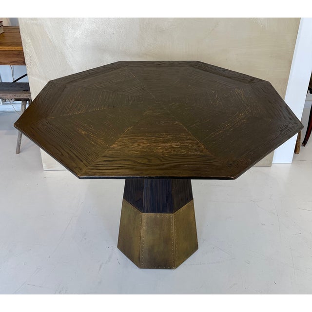 Mid 20th Century Mid 20th Century Octagonal Wood Pedestal Table With Brass Base, Sculptural Postmodern Design For Sale - Image 5 of 6