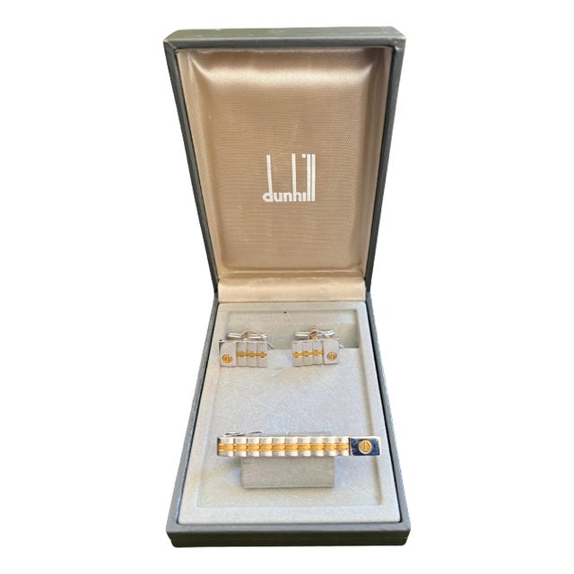 Rare Vintage Dunhill Cufflinks & Tie Clip Gold Plated, Steel With Original Case For Sale