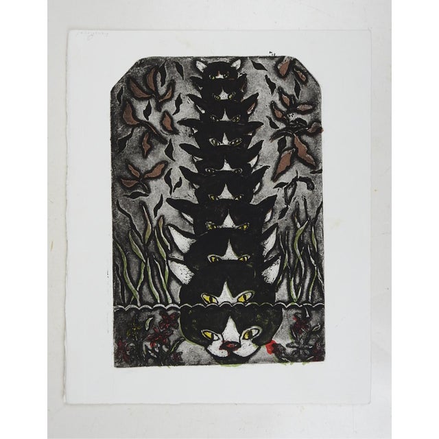 Late 20th century colored etching on paper of cat reflections by Jane J. Eddy (1922-2019) American. Unsigned, likely an...