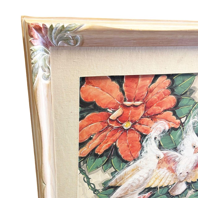 Red Mid-Century Hawaiian Cockatoo & Botanical Airbrush Original Painting Signed Seay, Framed For Sale - Image 8 of 12
