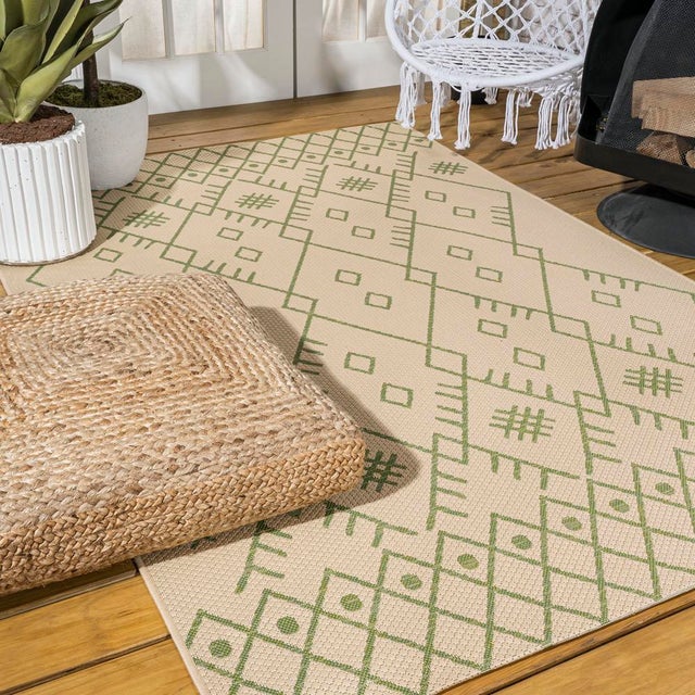 Moroccan Indoor & Outdoor Beige & Green 5 ft. x 8 ft. Area Rug | Chairish