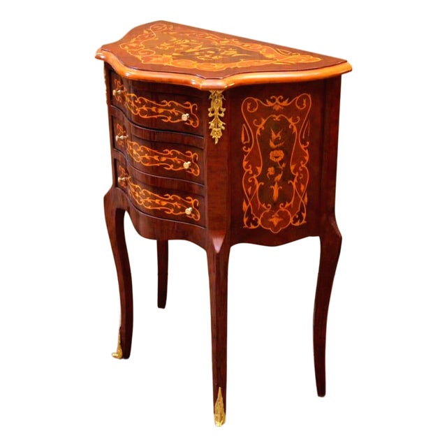 French Louis XV Side Table – Petite Wood Chest With 3 Drawers & Gold Leaf Details For Sale