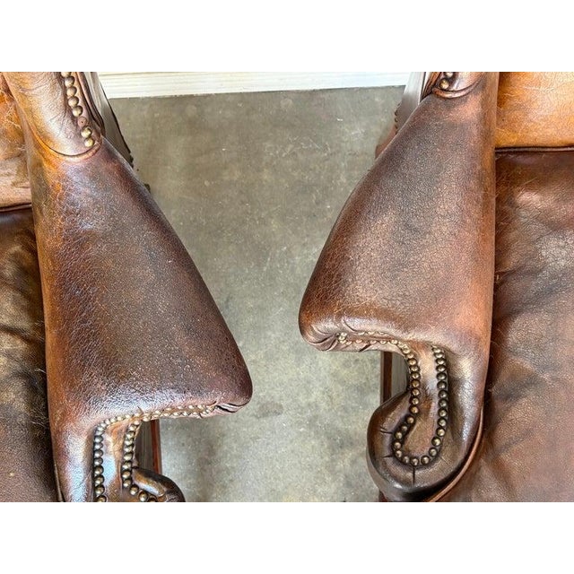 Late 20th Century Pair of English Georgian Style Wingback Armchairs - Distressed Brown Leather For Sale - Image 5 of 17