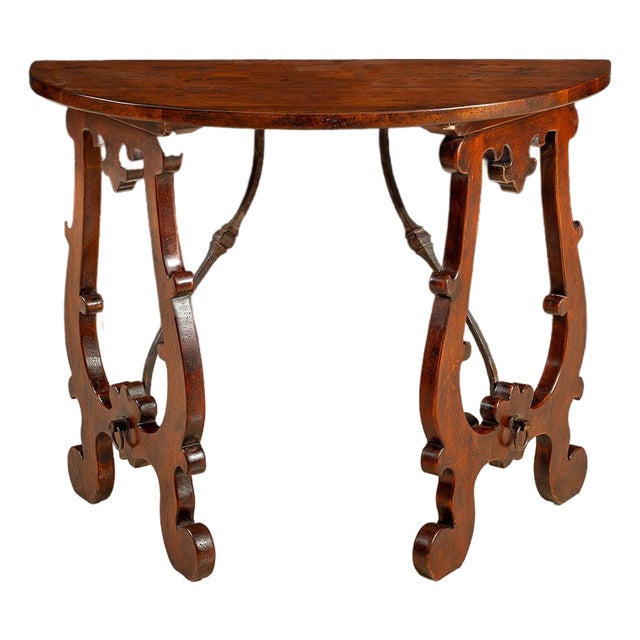 Italian Rustic Walnut Demi-Lune Console Table For Sale