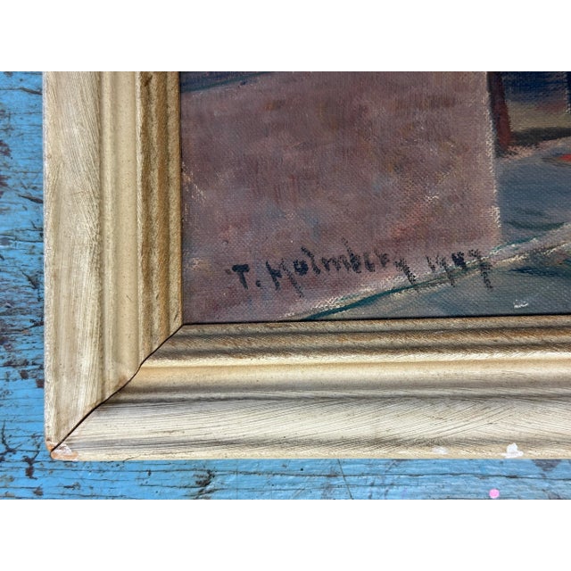 Mid 20th Century Mid-Century Oil Painting of Woman Working at Spinning Wheel by Thure Malmberg of Finland & Sweden For Sale - Image 5 of 11