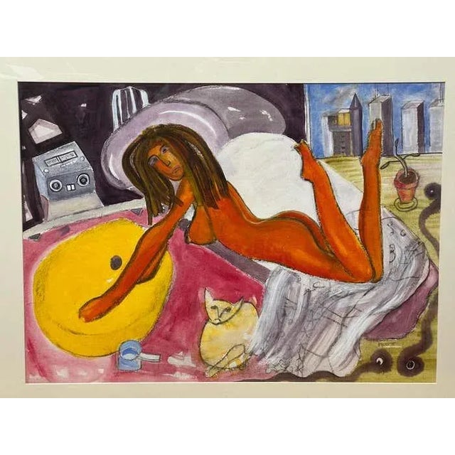 The work is a lively portrayal of an African nude woman in her bedroom. Under the bed, a discontent cat harbors grudges...