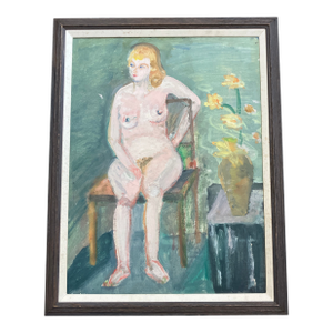 1970’s Original Abstract Expressionist Female Nude in Interior Naive Painting