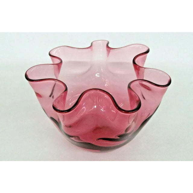Fenton Thumbprint Style Cranberry Pink Glass Ruffled Rose Bowl Vase For Sale - Image 11 of 11