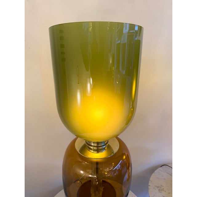 Pair of table or bedside olive green glass shades, amber blown Murano glass and brass. Contemporary work from a small...