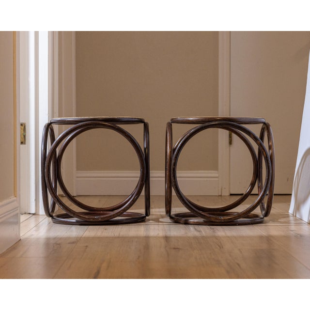 Pair of Vintage Modernist Bent Rattan & Cane Stools / Side Tables, 1970s For Sale In Sacramento - Image 6 of 11