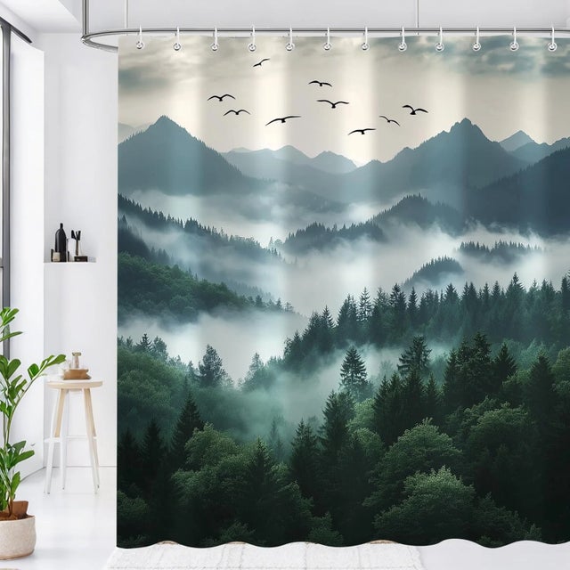 Green Mountain Forest Shower Curtain, Rustic Woodland Trees, Waterproof, 72x72 For Sale - Image 6 of 7