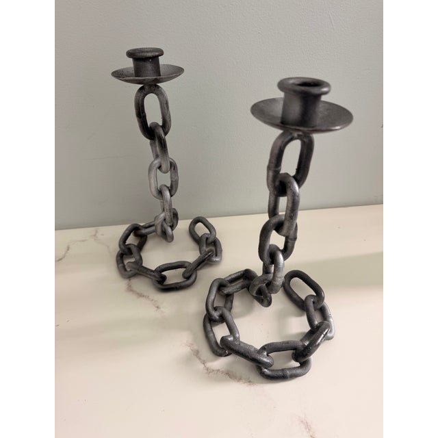 Mid 20th century Illusionistic Brutalist Chain Link Candlesticks - A Pair For Sale In Miami - Image 6 of 10
