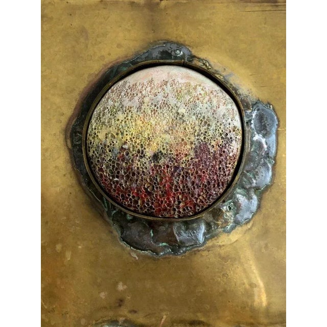 Gold Mirror Mural in Bronze or Patinated Brass with Ceramic Inserts attributed to Jean Péillaud, France, 1970s For Sale - Image 8 of 10