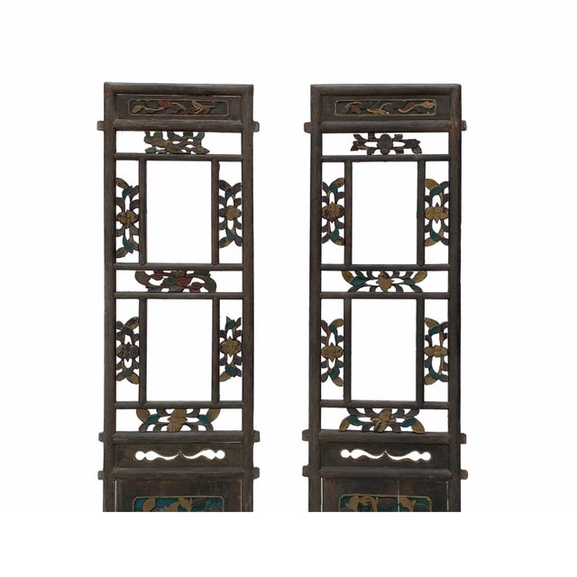 Pair Chinese Vintage Restored Wood Brown Flower Carving Wall Hanging Art For Sale - Image 4 of 7