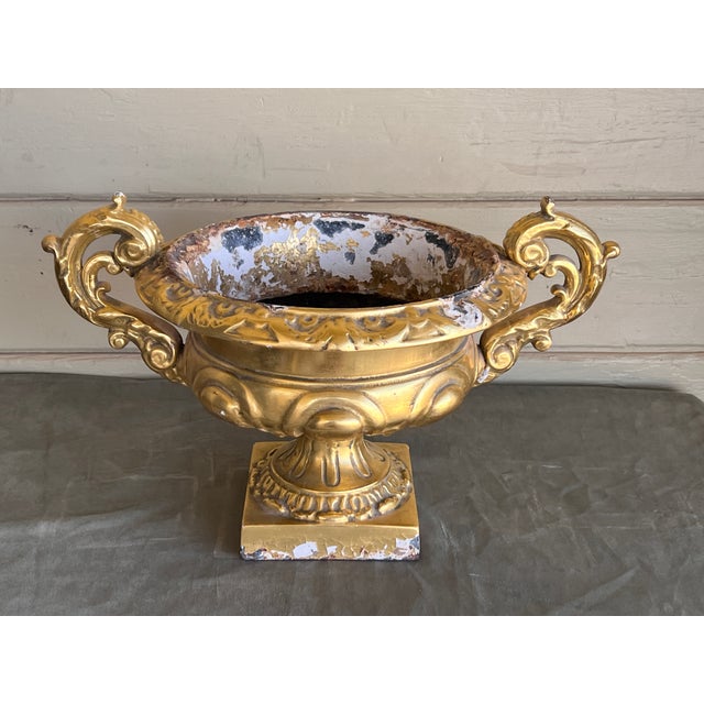 Vintage Large French Baroque Cast Metal Polychrome Water Gilt Vase Jardiniére For Sale - Image 10 of 13