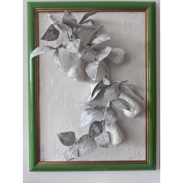 Hollywood Regency Paper Mache & Plaster Pear Branches Set in Green Lacquer Frames, a Pair For Sale - Image 3 of 7