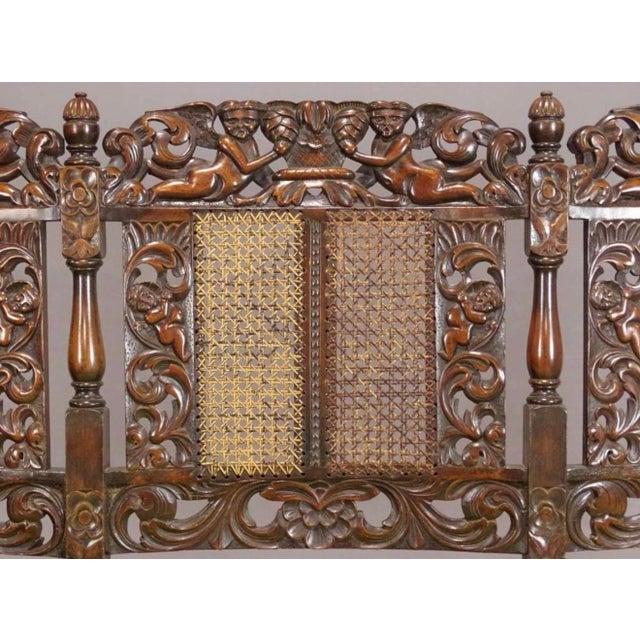 Mid 20th Century 20th Century Jacobean Revival Style Carved Hardwood & Cane Three-Seat Settee For Sale - Image 5 of 12