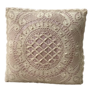 1950s Boudoir Pillow With Intricate Bobbin Lace Detailing Over a Pink Satin Base For Sale