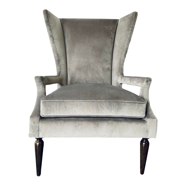 Caracole Modern Gray Velvet Arms Wide Open Wingback Chair For Sale