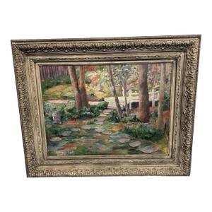 1970s Framed Garden Scene Acrylic on Canvas