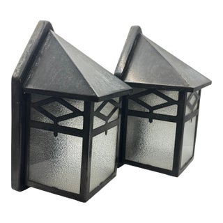 Vintage Arts Crafts Porch Sconces Pair Mid Century Lights Frosted Glass Lamps Cottage Arts and Crafts - a Pair For Sale
