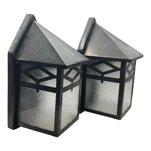 Vintage Arts Crafts Porch Sconces Pair Mid Century Lights Frosted Glass Lamps Cottage Arts and Crafts - a Pair For Sale