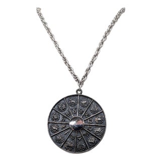 Vintage 1970s Signed Napier Silvertone Round Horoscope Pendant Necklace For Sale