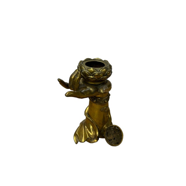 Vintage Brass Metal Color Buddha Hand Lotus Incense Holder Art Figure For Sale - Image 4 of 11