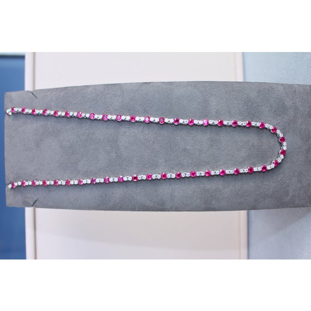 Ruby Diamond Bezel Set Tennis Line 14k White Gold Classic Set Unique Necklace For Sale - Image 10 of 14