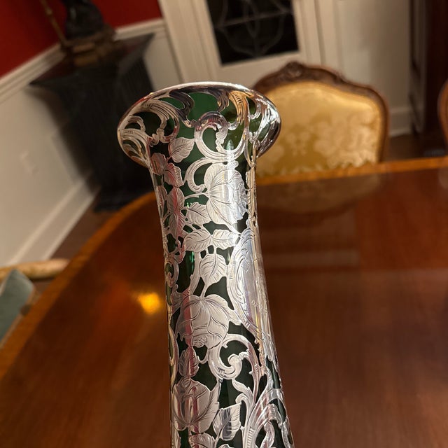 Metal Antique Alvin American Art Nouveau Green Floral Silver Overlay Vase For Sale - Image 7 of 10