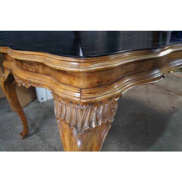 Antique Italian Baroque Venetian Walnut Burl Black Top Glass Dining Table Desk For Sale - Image 11 of 18