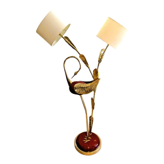 Rare Antonio Pavia Brass and Red Lacquered Wood Stork Floor Lamp Circa 1980s For Sale