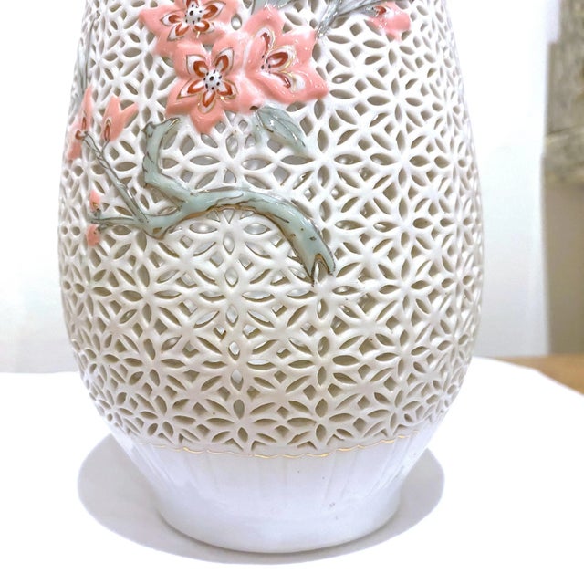 White Antique Chinese Reticulated Porcelain Hand Painted Floral Vase Gold Gild For Sale - Image 8 of 11