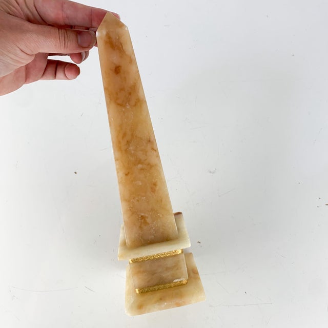 Vintage Egyptian Alabaster Stone Obelisk Hand Carved Gold Trim Sculptured For Sale - Image 10 of 10