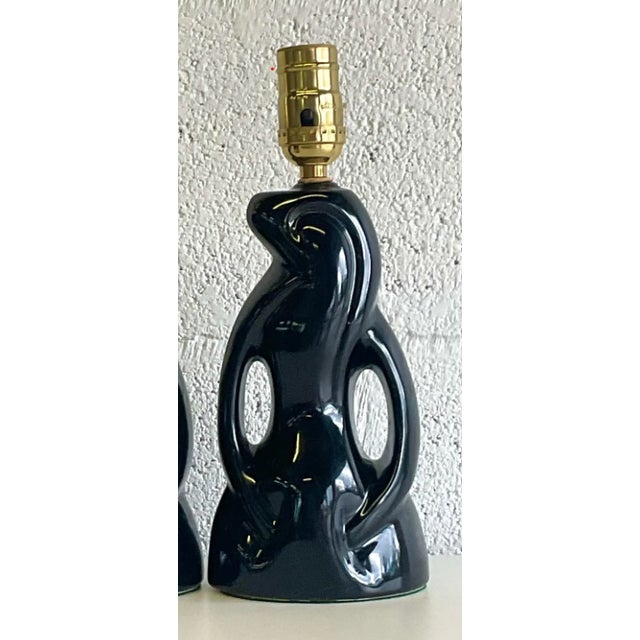 Midcentury Abstract Black Glazed Ceramic Boudoir Lamps - a Pair For Sale - Image 10 of 12