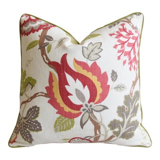 Designer Botanical Floral Cotton Feather/Down Pillow 22” Square For Sale