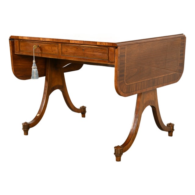 Baker Furniture Regency Inlaid Yew Wood Writing Desk or Console Table, Circa 1980s For Sale
