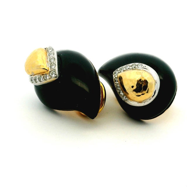 Vintage Maz 14k Gold Onyx and Diamond Clip Earrings, A Pair For Sale - Image 15 of 16