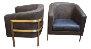Pair of 1970s Distressed Leather Armchairs With Brass Frames. Style of Milo Baughman