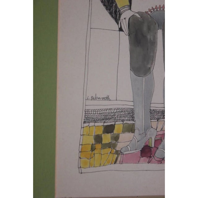 Ink and Watercolor painting of a Lady with wings. She stands on a yellow floor while casting a pink shadow. Framed with...