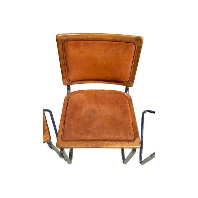 Set of 4 Vintage 1970s Oak, Chrome & Cognac Suede Cantilever Dining Chairs For Sale In Greenville, SC - Image 6 of 9