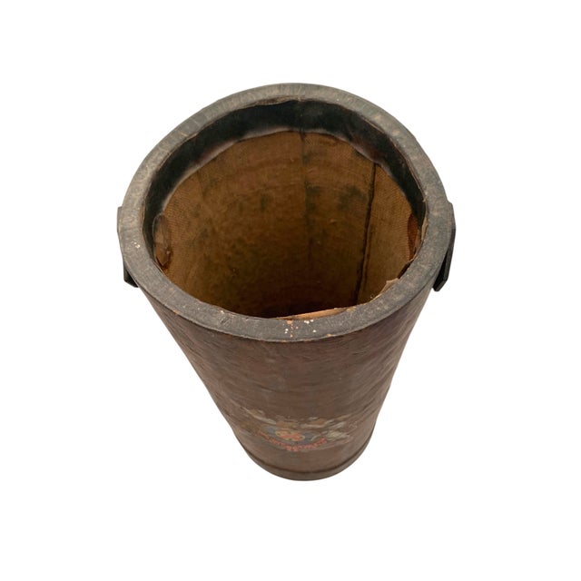 Early 20th Century Carryall Bucket Umbrella Stand Wood Covered With Leather Decorative English Royal Crest For Sale - Image 9 of 10