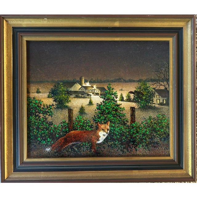Impressionist Vintage Original Oil Painting on Wood Panel of a Fox in Farm Landscape For Sale - Image 3 of 7