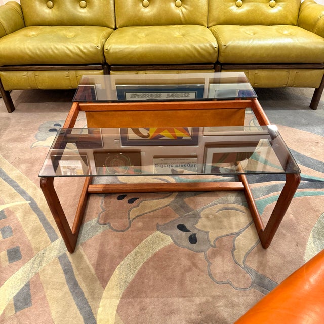 Brown Vintage Lou Hodges Style Teak and Smoked Glass Coffee Table With Magazine Holder For Sale - Image 8 of 11