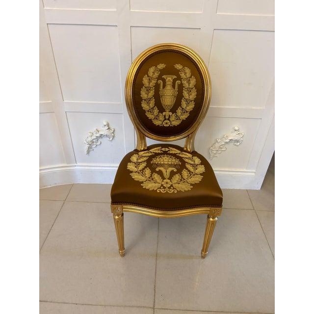 Large Vintage Louis XVI Style Giltwood Dining Chairs with Silk Damask Upholstery, 1940, Set of 42 For Sale - Image 9 of 18
