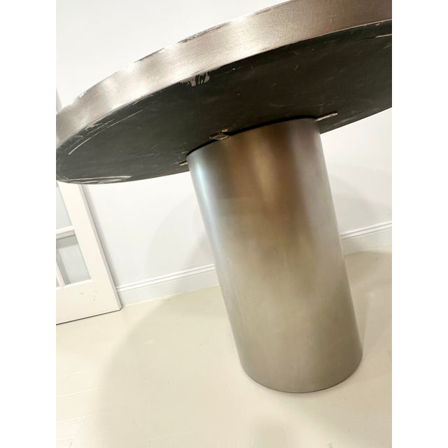 Metal Vintage Brushed Stainless Steel Round Pedestal Dining Table For Sale - Image 7 of 12