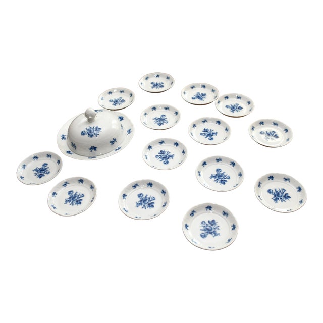 1930s Set of Bavarian Cobalt Rose Round Covered Cheese Dish + 14 Appetizer Dishes Wedding Shower Gift For Sale